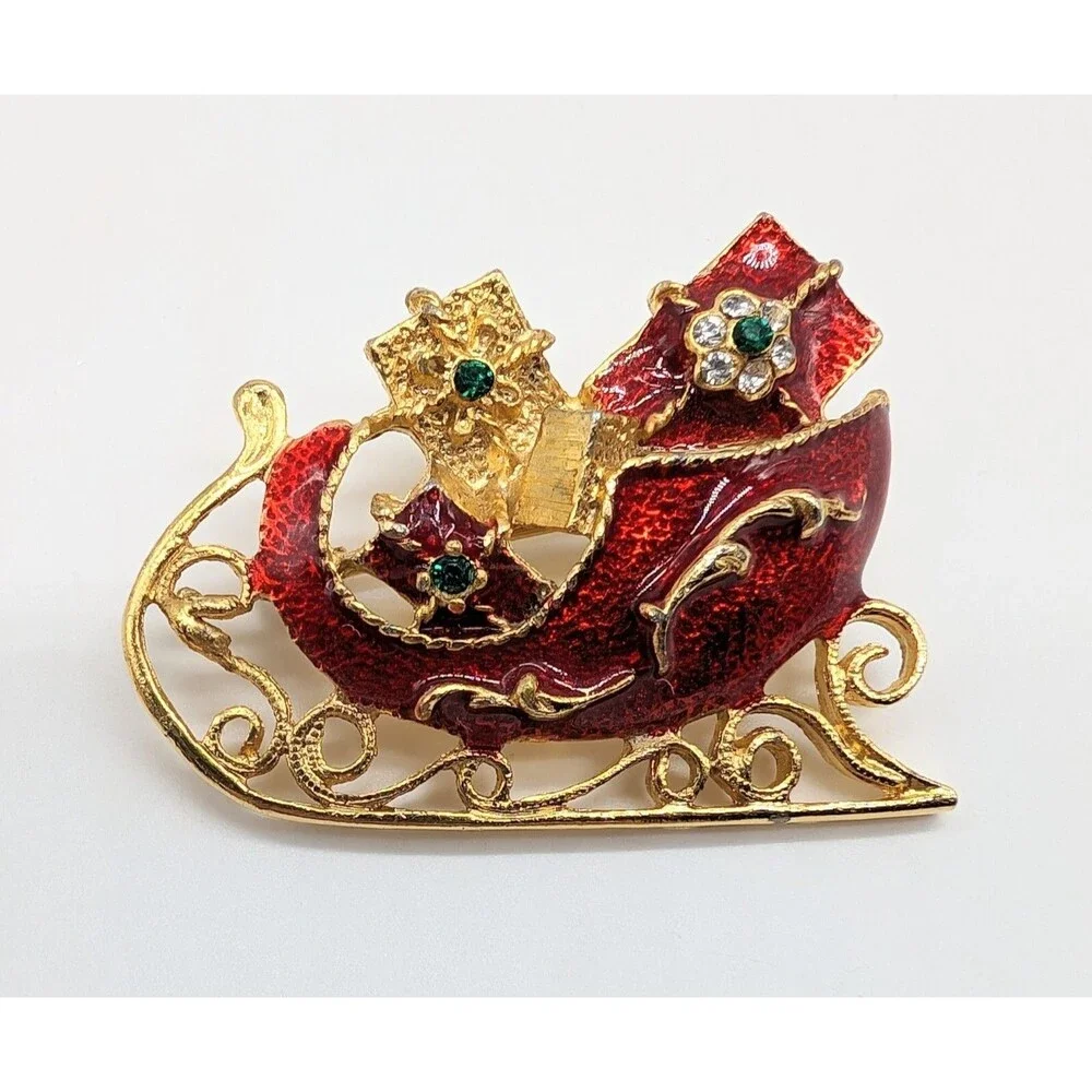 Christmas Sleigh Enamel Rhinestone Brooch Pin Gold Tone